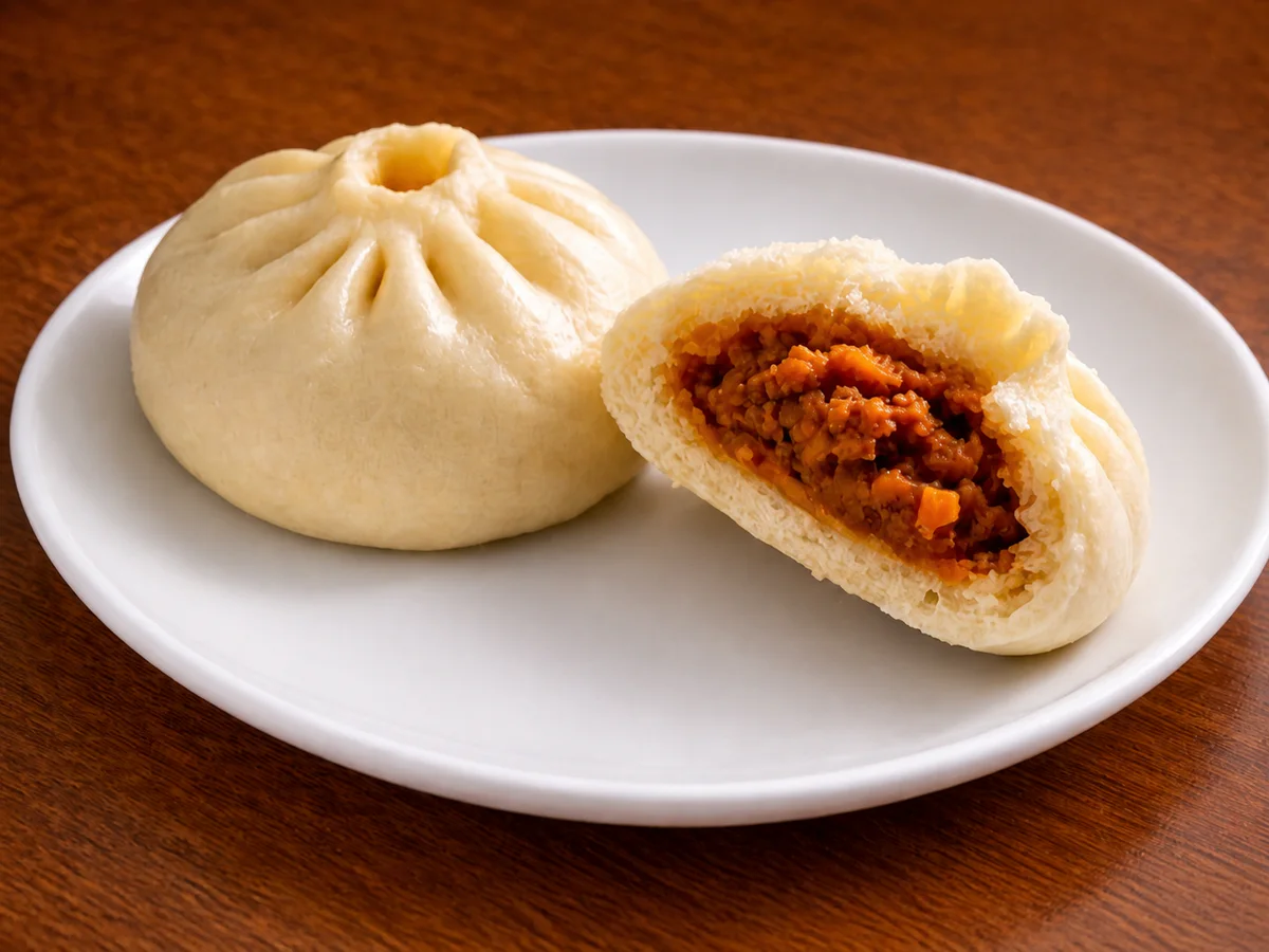 Bao intero e aperto su un piatto bianco